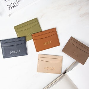 Embossed Leather card holder - custom monogram name initials slim money id wallet, 3rd anniversary, personalized card holder gift, non bulky