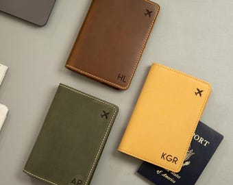Engraved Leather Passport Cover - Personalized Plane Icon Passport Holder Case, Monogram Travel Accessory, Frequent Traveler Gift