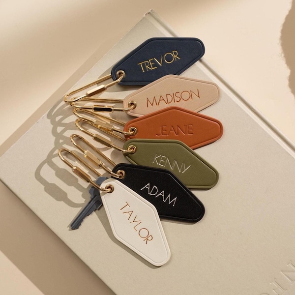 Embossed Diamond Leather Keychain (Name) - Personalized Key Ring, Custom Name Bag Charm, Motel Style Key Fob, Gift for Mom Bridesmaid