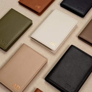 Embossed leather passport holder - custom monogram name travel wallet, retiree gift, company corporate business anniversary, dad gift idea
