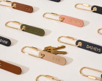 Embossed Leather Oblong Tag Keychain - Personalized Name Key Ring, Custom Nappa Leather Bag Charm, Minimalist Bridesmaid Favor, Gift for Mom