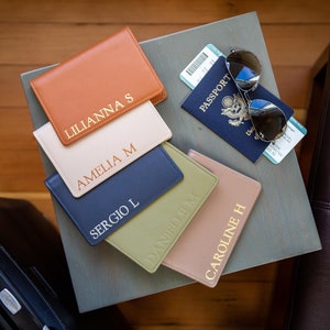 Embossed leather passport holder - custom monogram name travel wallet, retiree gift, company corporate business anniversary, dad gift idea