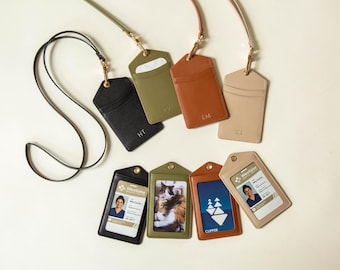 Embossed Nappa Leather ID Card Holder w/ Lanyard - Custom Work Badge Case Name Tag