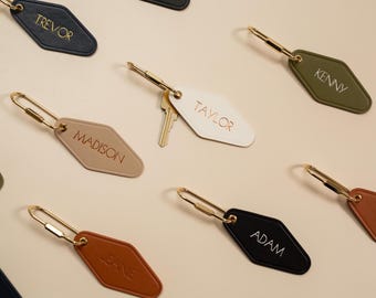 Embossed Diamond Leather Keychain (Name) - Personalized Key Ring, Custom Name Bag Charm, Motel Style Key Fob, Gift for Mom Bridesmaid
