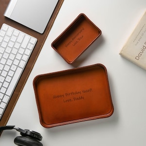 Vegetable tanned hard leather valet (design 3) - message engraving catchall tray for dad husband boyfriend son brother gift, dorm decor