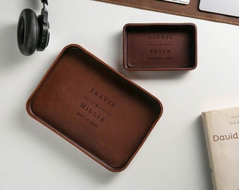 Vegetable Tanned Hard Leather Valet (design 5) - Custom Name Catchall Tray for Couple, Engraved Anniversary Gift, Wedding Gift for Newlyweds
