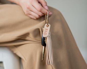 Embossed Leather Tag Keychain - Personalized Nappa Leather Bag Charm Key Chain w/ Optional Tassel, Monogram Initial Handbag Accessory