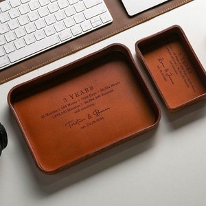 Vegetable tanned hard leather valet (design 4) - custom engraved tray, personalized leather gift, 3 year anniversary boyfriend husband dad
