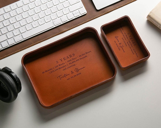 Vegetable Tanned Hard Leather Valet (design 4) - Custom Engraved Tray, Personalized Leather Gift, 3 Year Anniversary Boyfriend Husband Dad