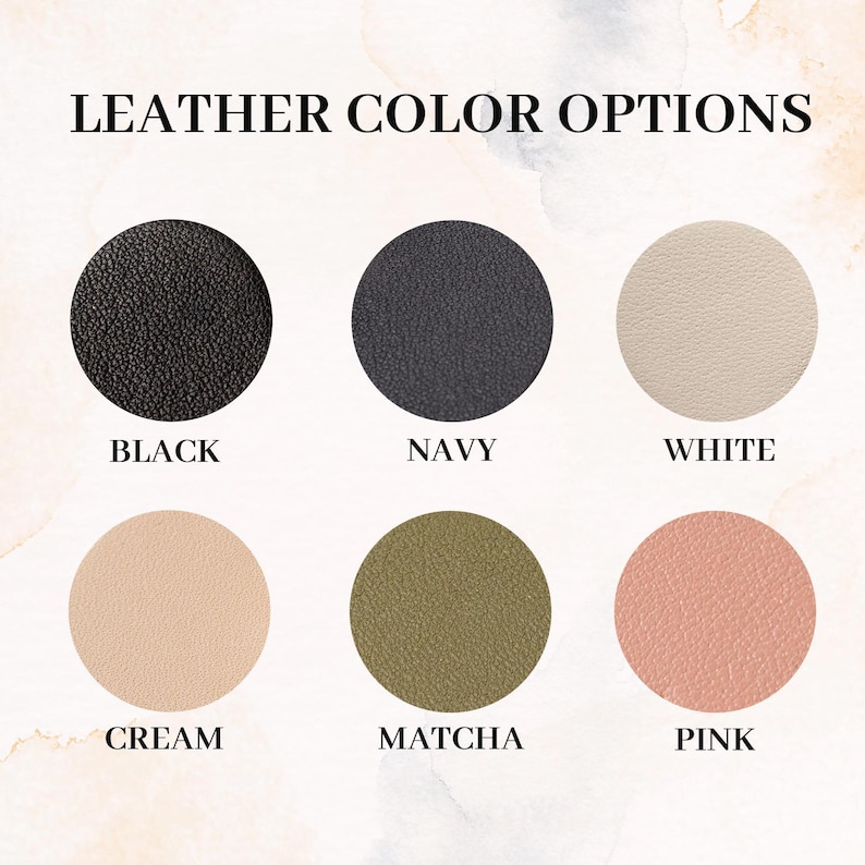 Puede incluir: Imagen que muestra opciones de color de cuero: negro, azul marino, blanco, crema, matcha y rosa. Cada color se presenta como una muestra circular con el nombre del color debajo. El texto "LEATHER COLOR OPTIONS" est&aacute; en la parte superior.