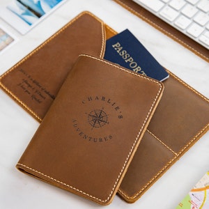 Leather passport cover - engraved holder, 3rd leather anniversary gift for husband wife, custom travel wallet, honeymoon wedding travel gift