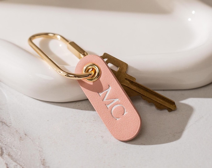 Embossed Leather Tag Keychain - Personalized Tab Key Chain For Women, Initial Custom Purse Charm Bag Accessory, Monogram Key Ring Gift