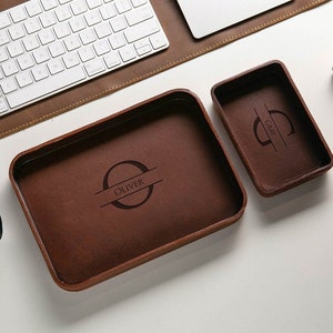 Vegetable tanned hard leather valet (design 1) - 3 year anniversary custom husband wife couple gifts for him catchall storage for desk