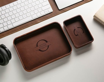 Vegetable Tanned Hard Leather Valet (design 1) - Engraved Catchall Tray, Custom Desk Organizer, Anniversary Gift for Him, Personalized Valet