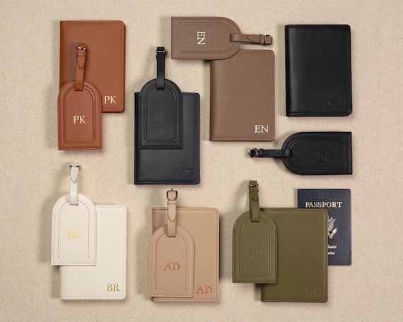 Embossed Nappa Leather Passport Holder & Luggage Tag (set) - Personalized Travel Gift for Her, Custom Wedding 3rd Anniversary Honeymoon Gift