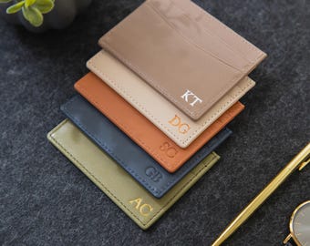Embossed Leather card holder - Custom Initials Slim Wallet, Embossed Minimalist Money Wallet, Monogram Gift for Him, Gift for Her