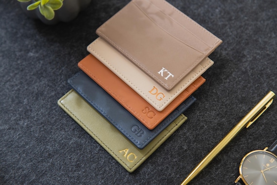 Embossed Leather card holder - Custom Initials Slim Wallet, Embossed Minimalist Money Wallet, Monogram Gift for Him, Gift for Her