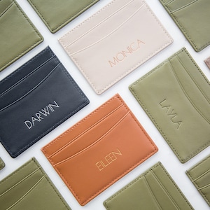 Embossed Leather card holder - custom monogram name initials slim money wallet, 3rd anniversary gift for him her, teacher, bff, bridesmaid