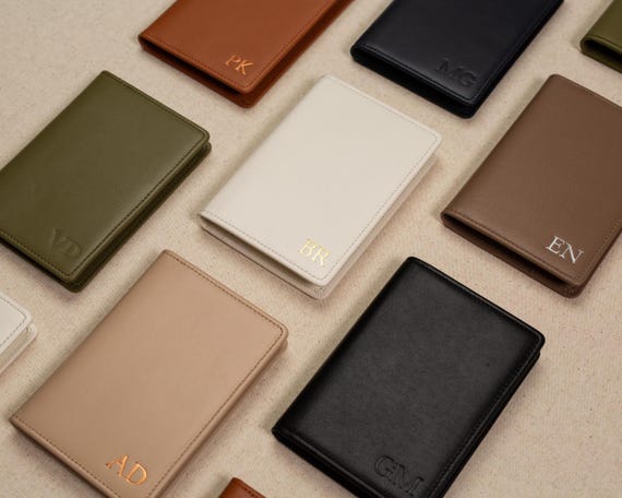 Embossed Leather Passport Holder - Monogram Personalized Passport Cover, Minimalist Genuine Nappa Leather Travel Wallet, Couples Honeymoon
