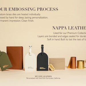 Puede incluir: Una colecci&oacute;n de art&iacute;culos de cuero que incluye etiquetas de equipaje en color oliva, blanco y negro, un cuaderno marr&oacute;n y un tarjetero beige. El texto dice: OUR EMBOSSING PROCESS, NAPPA LEATHER y MUUJEE LEATHER. Se muestran rollos de l&aacute;mina dorada y troqueles de lat&oacute;n.