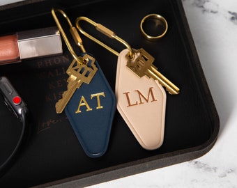 Embossed diamond leather keychain (initials) - modern key rings, custom monogrammed vintage style personal hotel motel office key chains