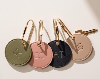 Embossed Round Circle Leather Keychain (Initials) - Personalized Genuine Nappa Leather Monogram Bag Charm Gift for Mom, Graduation Gift