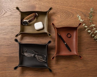 Clearance Vegetable Tanned Leather Valet Tray - 3 Year Anniversary Gift Catchall Storage Desk Side Table Keys Dump Home Office Modern Decor
