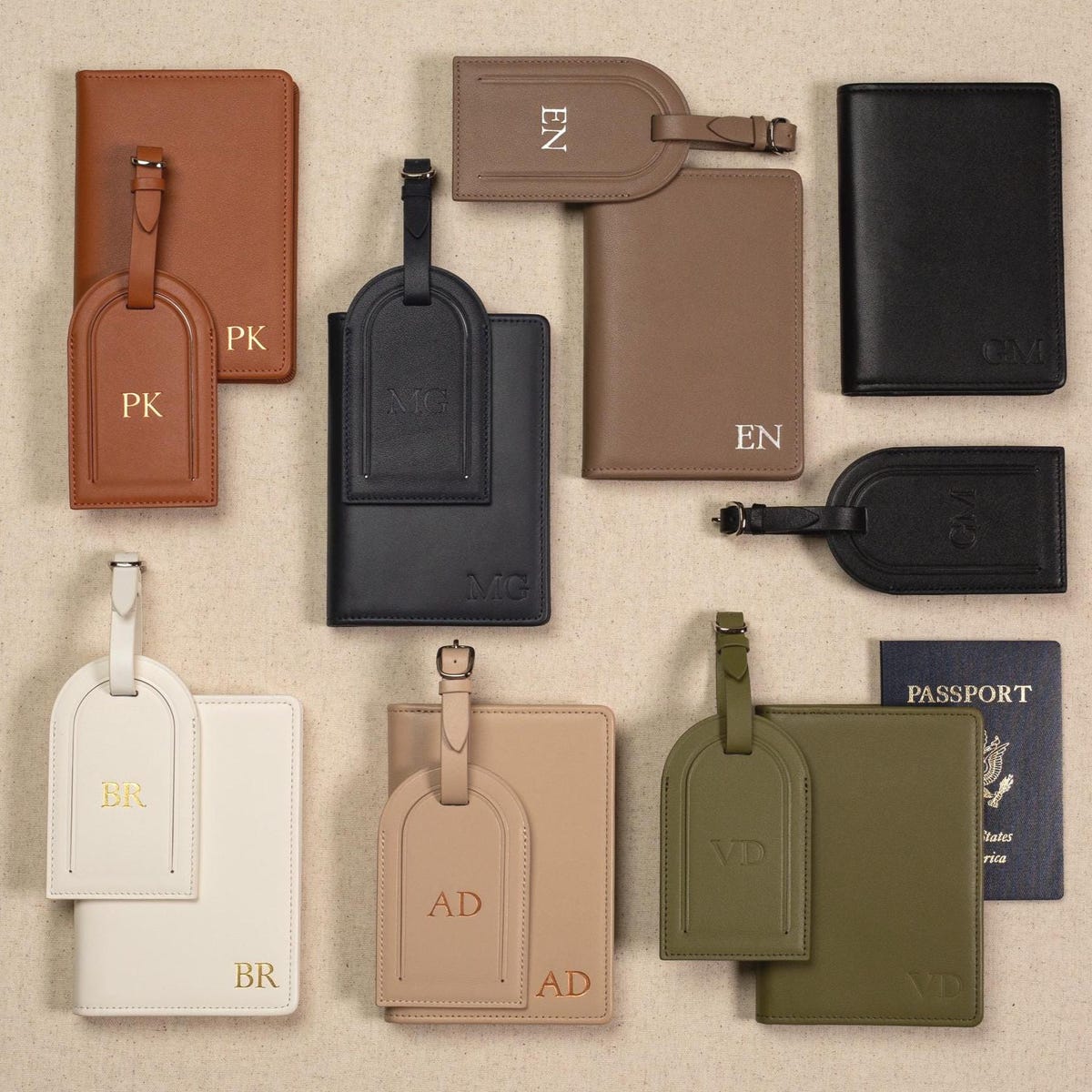 Embossed leather passport holder & embossed luggage tag (set) - Gift for wife, mom, 3rd anniversary gift, destination wedding suitcase