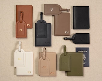 Embossed leather passport holder & embossed luggage tag (set) - Gift for wife, mom, 3rd anniversary gift, destination wedding suitcase