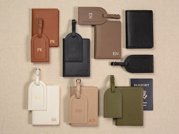 Embossed leather passport holder & embossed luggage tag (set) - personalized nappa gift set 3rd anniversary destination wedding valentines