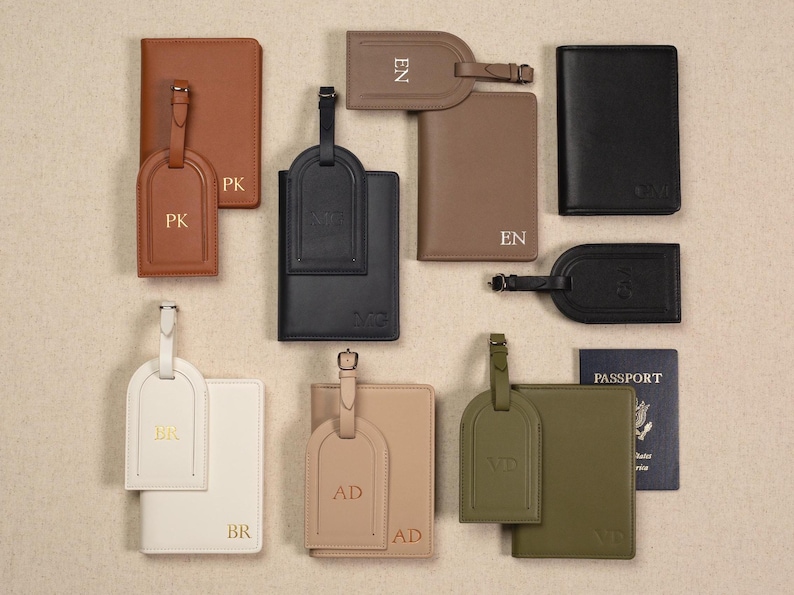 (Philip) Embossed leather passport holder & embossed luggage tag (set) - Gift for wife, mom, 3rd anniversary gift, destination wedding suitcase