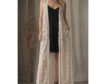 Chase Holland | Vintage Ivory Crochet Lace Long Vest Sheer Openwork Duster M/L