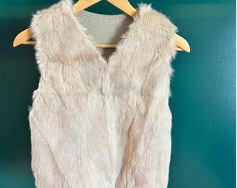 Sweter-kamizelka z prawdziwego futra królika w stylu vintage, beżowy, dzianinowy z tyłu, boho, luksusowy, rozmiar S/M
