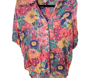 Adini | Vintage 90s Floral Rayon Crinkle Gauze Button Up Blouse Med Boho India