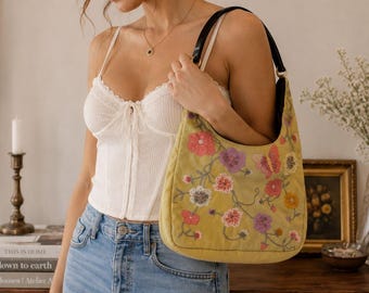 Lynne Jerome Vintage Haftowana Torba Kwiatowa Y2K Boho Bawełniana Jedwabna Torebka na Ramię