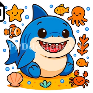 Cute Baby Shark PNG Clipart | Kawaii Ocean Animal Digital Download for Kids Stickers & Party Decor