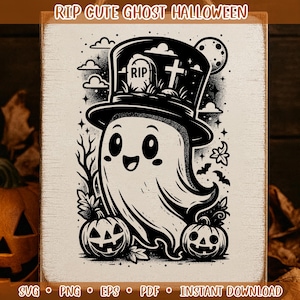 Cute Ghost with RIP Hat | Halloween Clipart | PNG EPS | Digital Download | Graveyard Illustration