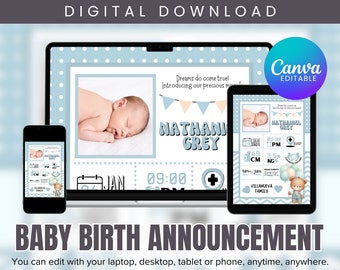 Newborn Baby Birth Announcement Template, Canva Editable, Digital Template