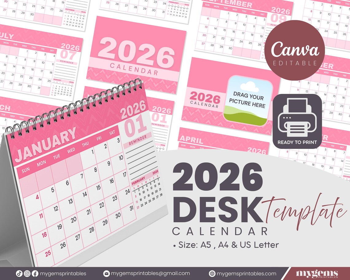 2026 Printable Minimalist Pink Girly Design Desk Calendar | Canva ...