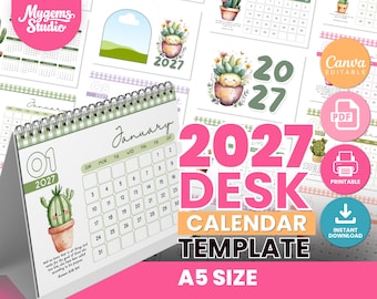 Puede incluir: Una plantilla de calendario de escritorio 2027 en tamaño A5 con diseño de espiral y detalles de cuadros verdes. Las páginas muestran cuadrículas mensuales, ilustraciones en acuarela de cactus sonrientes y el texto 2027 DESK CALENDAR TEMPLATE.