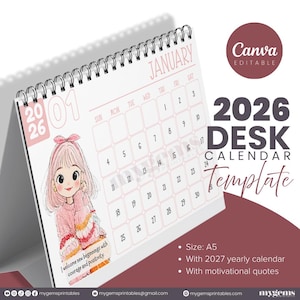 Op de afbeelding: Een 2026 bureaukalendersjabloon met een spiraalbinding. De kalender toont een roze illustratie van een meisje en de tekst "Januari". Het ontwerp bevat de tekst "2026 Desk Calendar Template" en "Canva Editable".