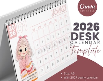 2026年卓上カレンダー Canva編集可能テンプレート A5サイズ 女の子デザイン卓上カレンダー