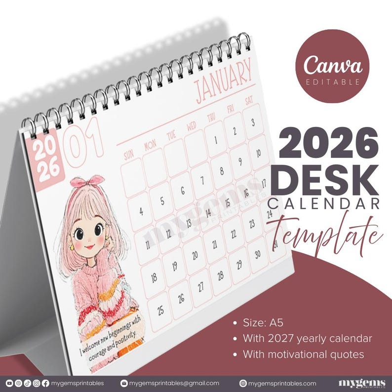 2026 Desk Calendar Canva Editable Template A5 Size Girl Design Table ...