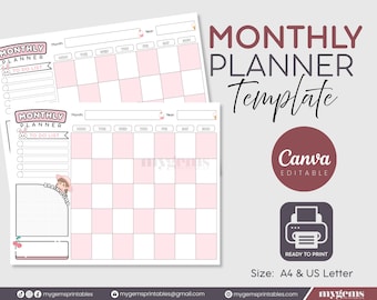 Kawaii Pastel Monthly Planner, Editable Canva Template (A4 & US Letter)