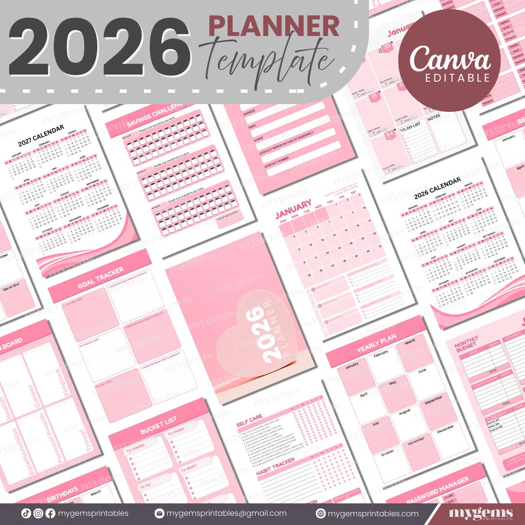 2026 Simple Minimalist Pink Planner Canva Editable Template With Ready ...
