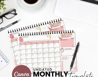 Printable Undated Monthly Planner | Canva Editable Template | A4 and Letter Size | Design 7