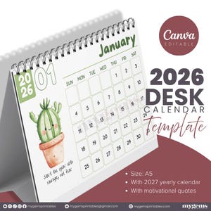 Mall för skrivbordskalender för kaktus 2026: Kawaii A5 Canva-design Canva-redigerbar
