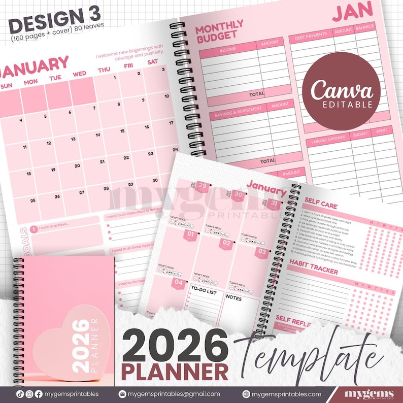 2026 Simple Minimalist Pink Planner Canva Editable Template With Ready ...