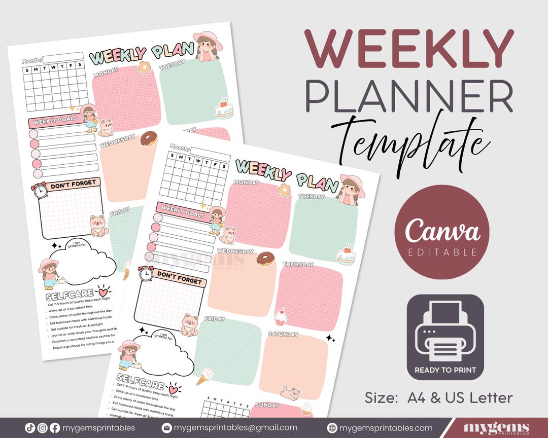 Undated Kawaii Pastel Weekly Planner Printable, Editable Canva Template ...