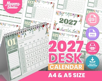 Kalendarz biurkowy na rok 2027 z kwiatowym wzorem i wersetem biblijnym do wydrukowania w formacie PNG w formacie PDF | A4 i A5